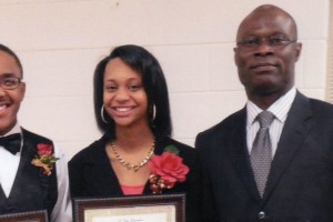 Front left are:  Justin Tyler Scott, Faith  Tamera Pritchett, Scholarship Winners  and Dr. Oluwarotimi Odeh, Chairman, Department of Agriculture, Educational Administrator of the Year. 